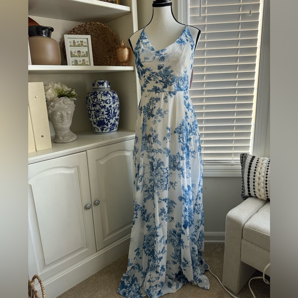 SOFT COWL-NECK A-LINE MAXI DRESS W/ ADJUSTABLE STRAPS IN COTTAGE ROSE DUSK BLUE